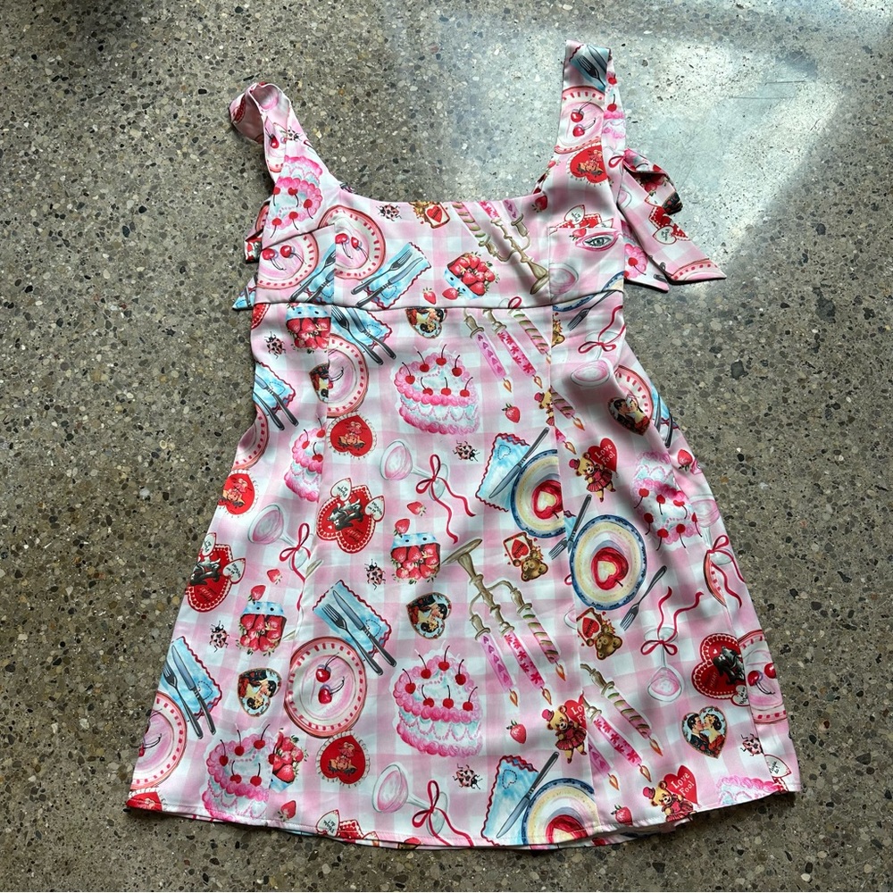 urban outfitters mallory satin a line bow print dress valentine coquette XL mini
